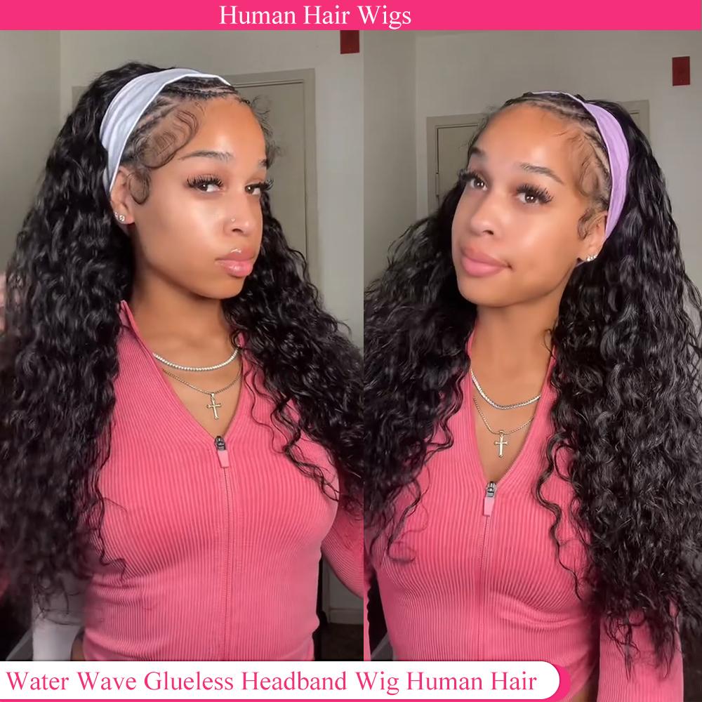 MYLOCKME Long Headband Wig Human Hair Kinky Curly Human Hair Wig for Women Curly Half Wig None Lace Front Wigs 180% Brazilian Virgin Hair