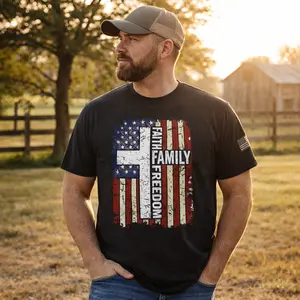 ThinkPrints Faith Family Freedom Vintage American Flag Cross Gildan Unisex T-Shirt Sizes S–5XL