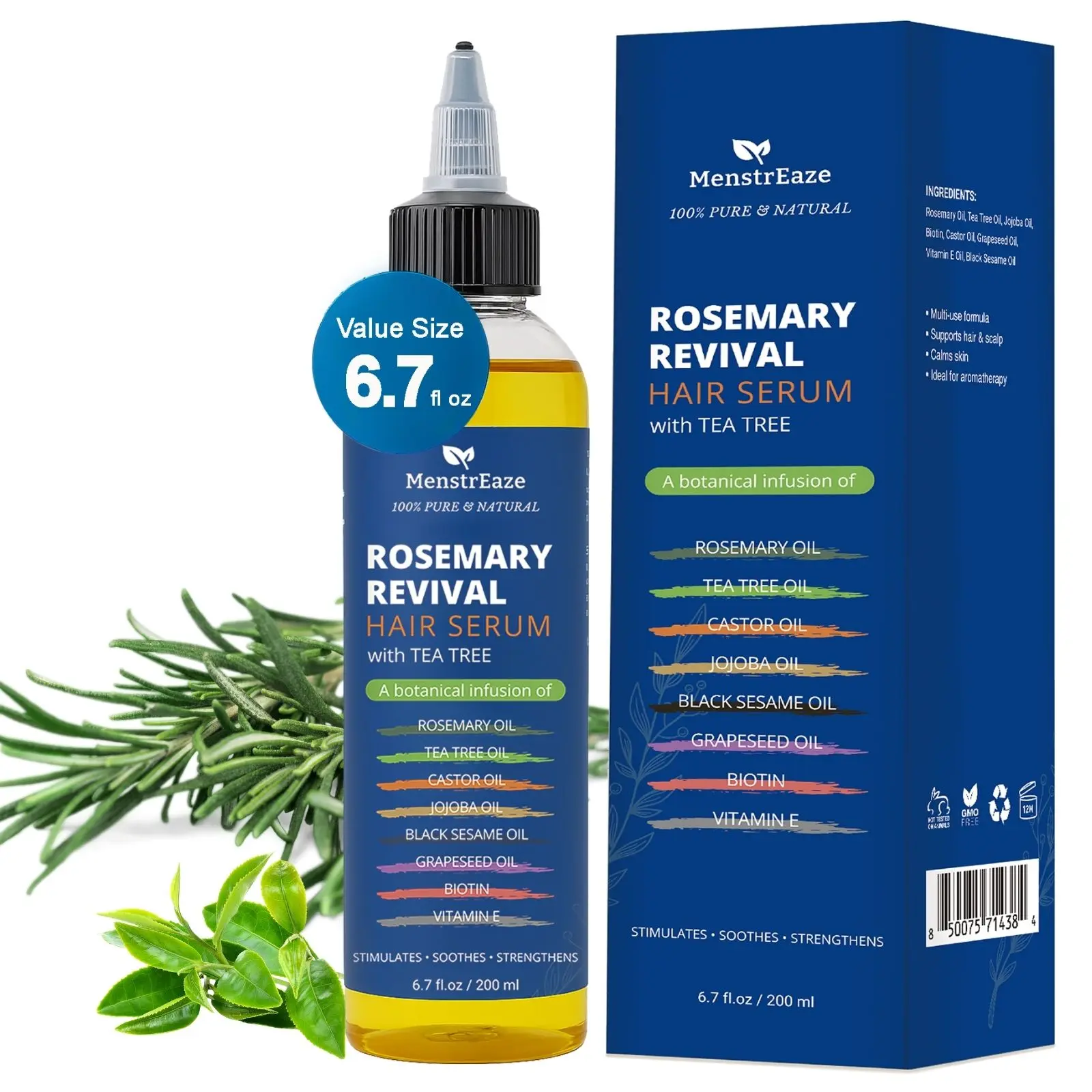 Rosemary Tea Tree & Castor Hair Growth Oil for Anti-Dandruff Scalp Treatment 6.7 fl oz Vegan Paraben-Free Non-GMO