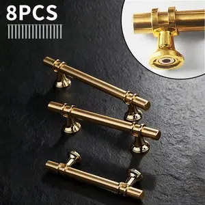 8-Pack Gold Stainless Steel Cabinet Door Handles - Modern Bar Style Closet/Cabinet Hardware, Heavy-Duty Polished Gold Pulls, Easy Installation with Included Screws, for Bathroom, Vanity Doors