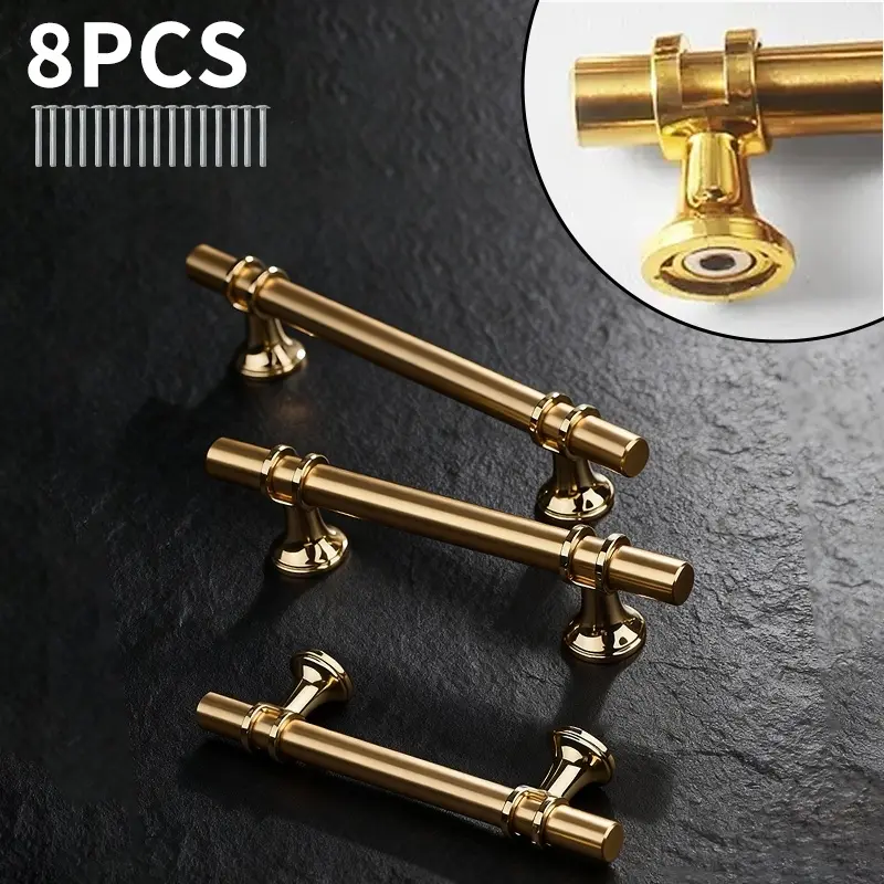 8-Pack Gold Stainless Steel Cabinet Door Handles - Modern Bar Style Closet/Cabinet Hardware, Heavy-Duty Polished Gold Pulls, Easy Installation with Included Screws, for Bathroom, Vanity Doors