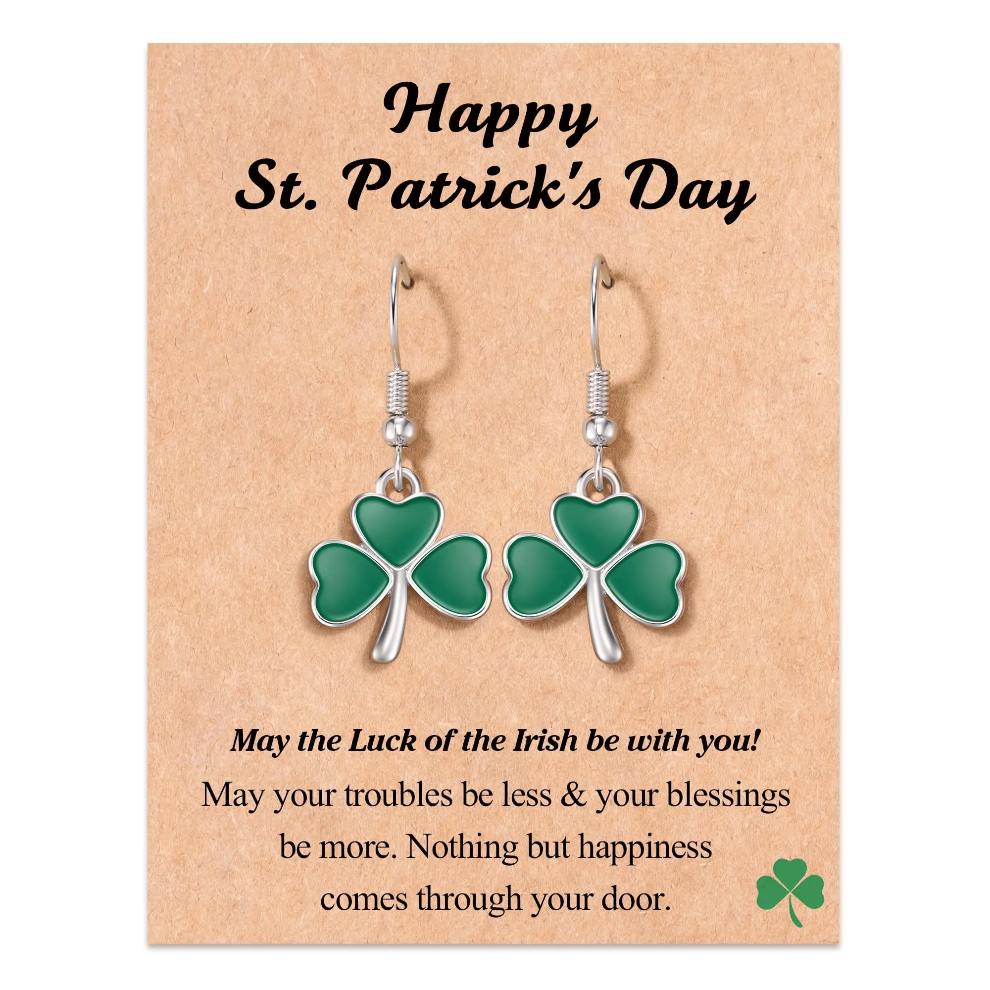 Female Alloy Metal St. Patrick's Day Good Luck Clover Earrings for Women, with Design Cards, Festive Costume Party Accessory, Bestie Gift, Clover Shape