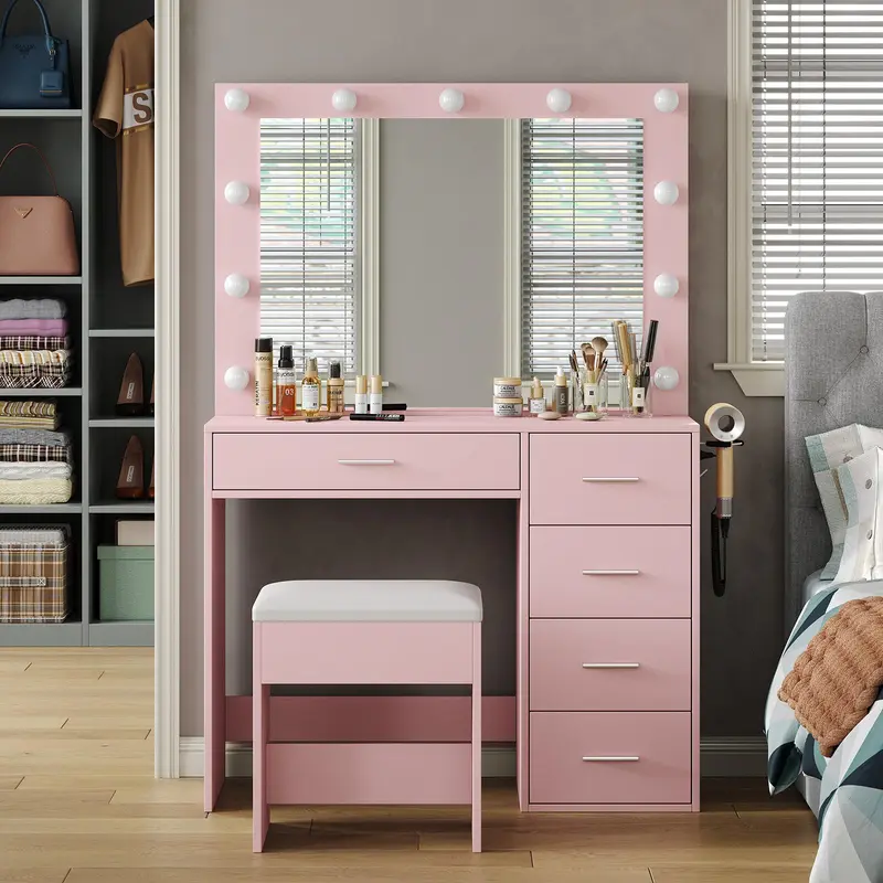 FUSOU 37" Vanity Desk with Mirror & LED Lights, Makeup Vanity with Power Outlet & USB, 3 Lighting Modes, Dressing Table with 5 Drawers & Stool for Bedroom, White