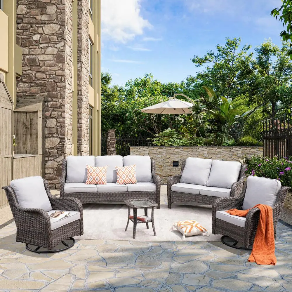 【Summerfinds】OVIOS Kenard 5-Piece Outdoor Patio Conversation Set with Loveseat & Swivel Rocking Chairs, Wicker Sofa Set with Cushions for Backyard Patio Porch Deck Garden Balcony Outdoor Seating Furniture Set