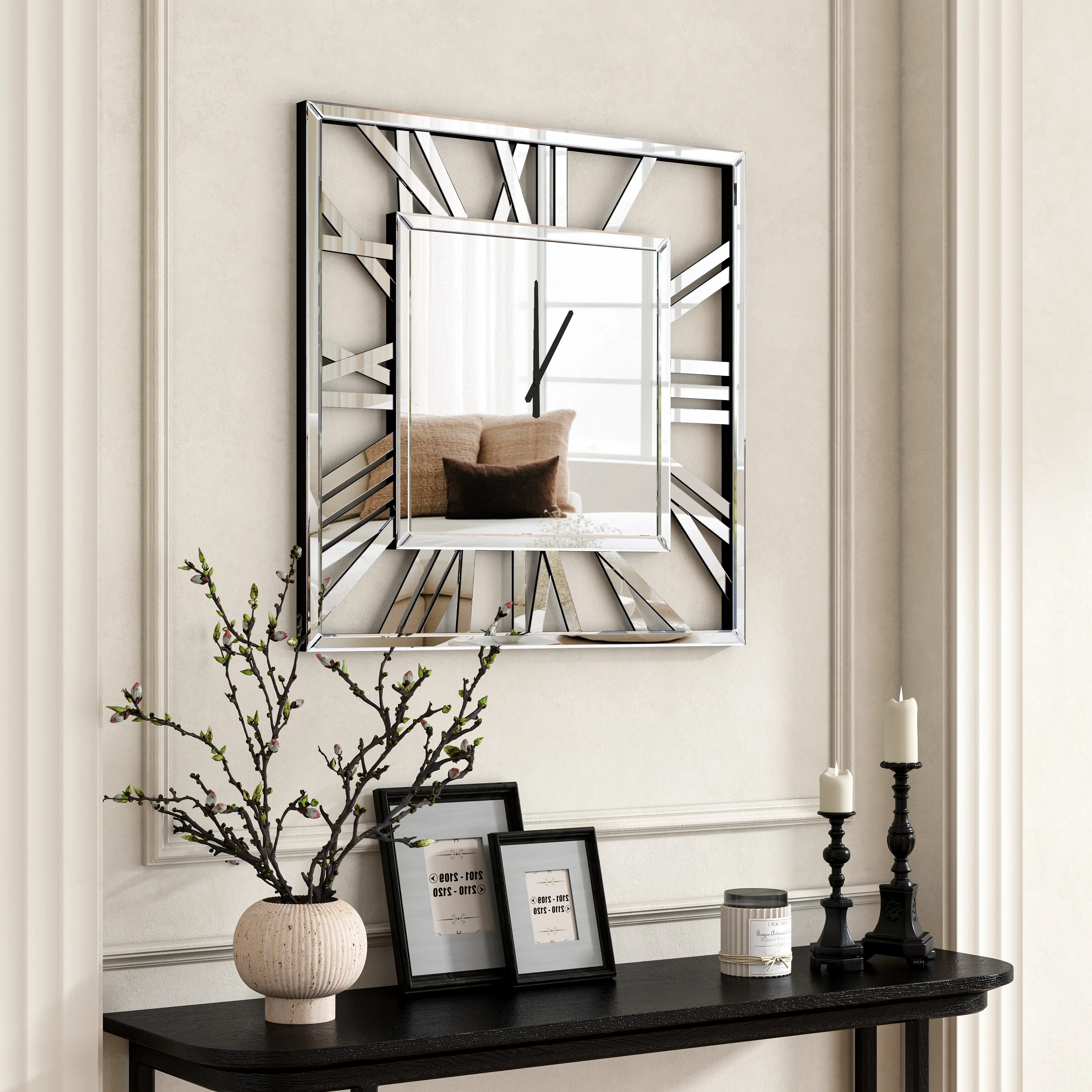 SHYFOY Decorative Square Wall Clock - Glossy Glass Mirror Finish, Roman Numerals, Large Frameless MDF Analog Clock with Hook, Living Room Home Decor, Ideal Special Day Gift