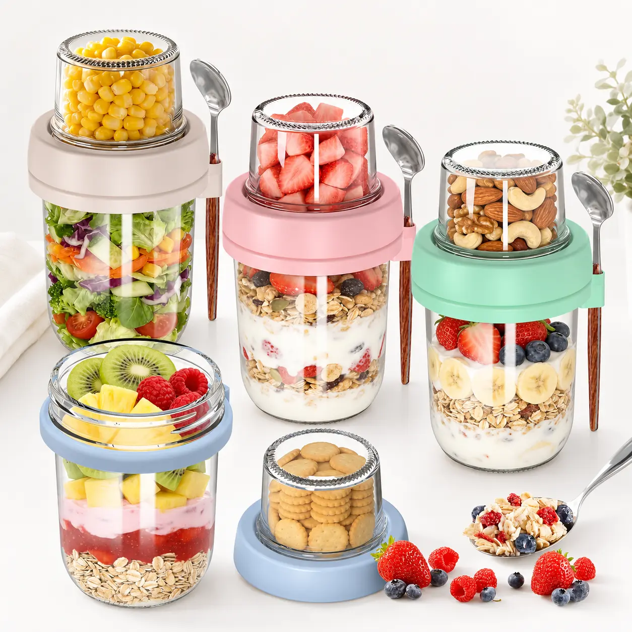 4-Pack 20oz Dual-Compartment Glass Kitchen Food Storage Jars - Meal Prep Containers with Lids, Utensils Set, 16oz Bottom Jar, Round Shape for Gym Bags, School Snacks