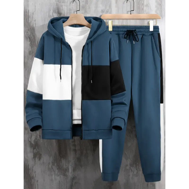 YYW1 Color Block Men's Athletic 2Pcs Tracksuit Set Casual Full-Zip Sweatsuits Long Sleeve Hoodie And Jogging Pants Set Gym Workout Running