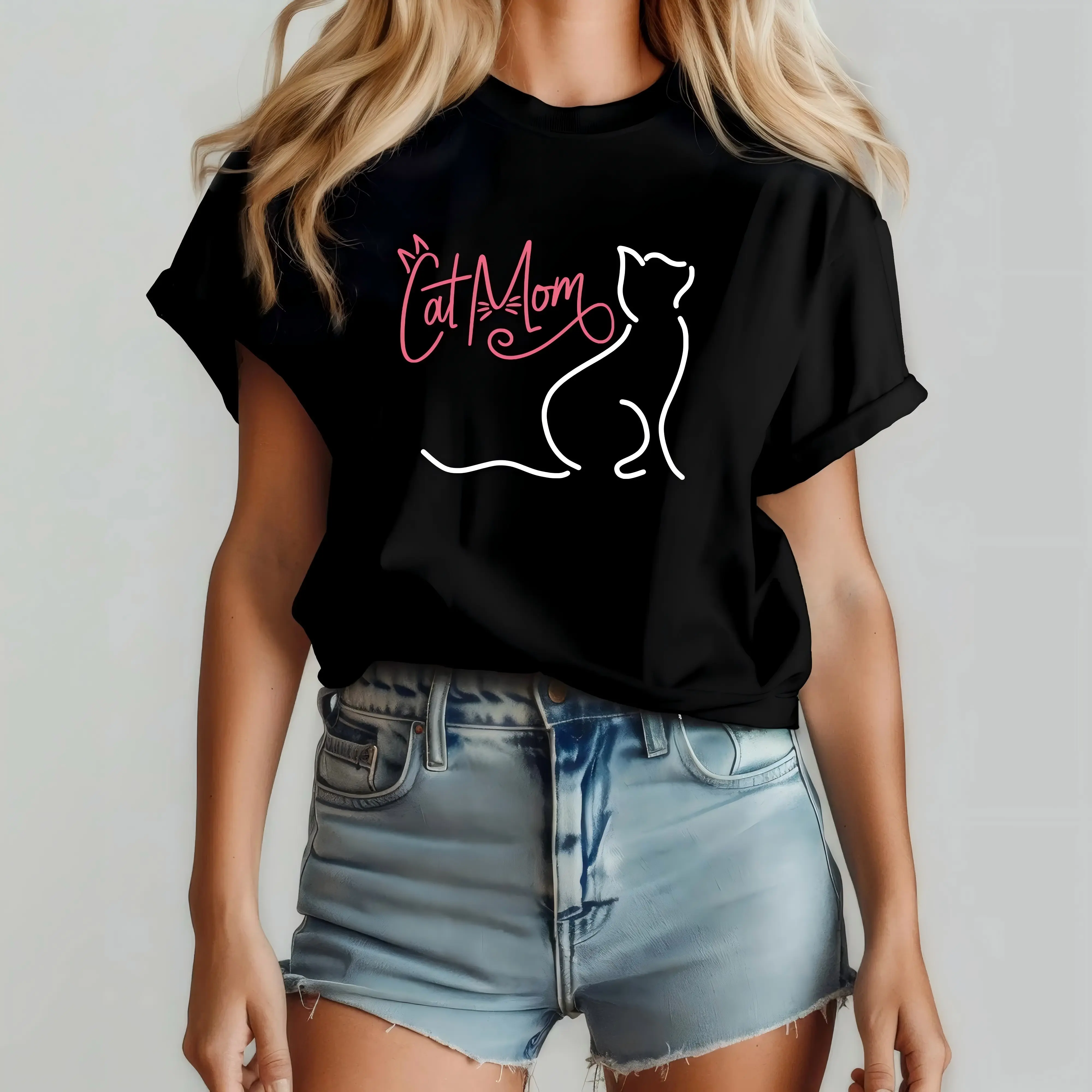 Cat Mom Shirt Funny Cat Lover Gift Women Minimalist Line Art Tee Pet Mother Gift Womenswear