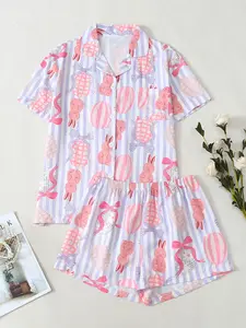 New Striped Easter Bunny Print Women's Sleepwear Set, Comfortable Breathable Fabric, Indoor Outdoor Wear, Casual Homewear Clothing, Pajamas