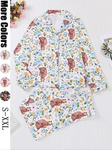 Women's 2-Piece Sleepwear Set Pajamas, Highland Cow Print, Soft Shirt Collar Top & Elastic Pants, Casual Home Wear for Fall Winter