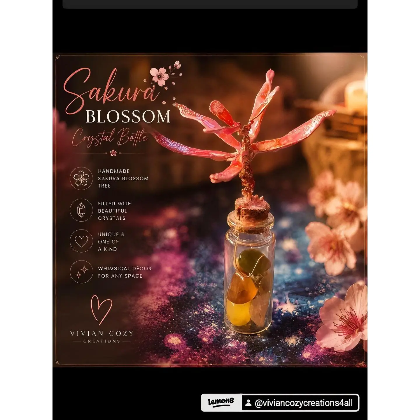 Vivian Cozy Creations Sakura Blossom Crystal Bottle Handmade with Beautiful Crystals Unique Whimsical Decor for Any Space