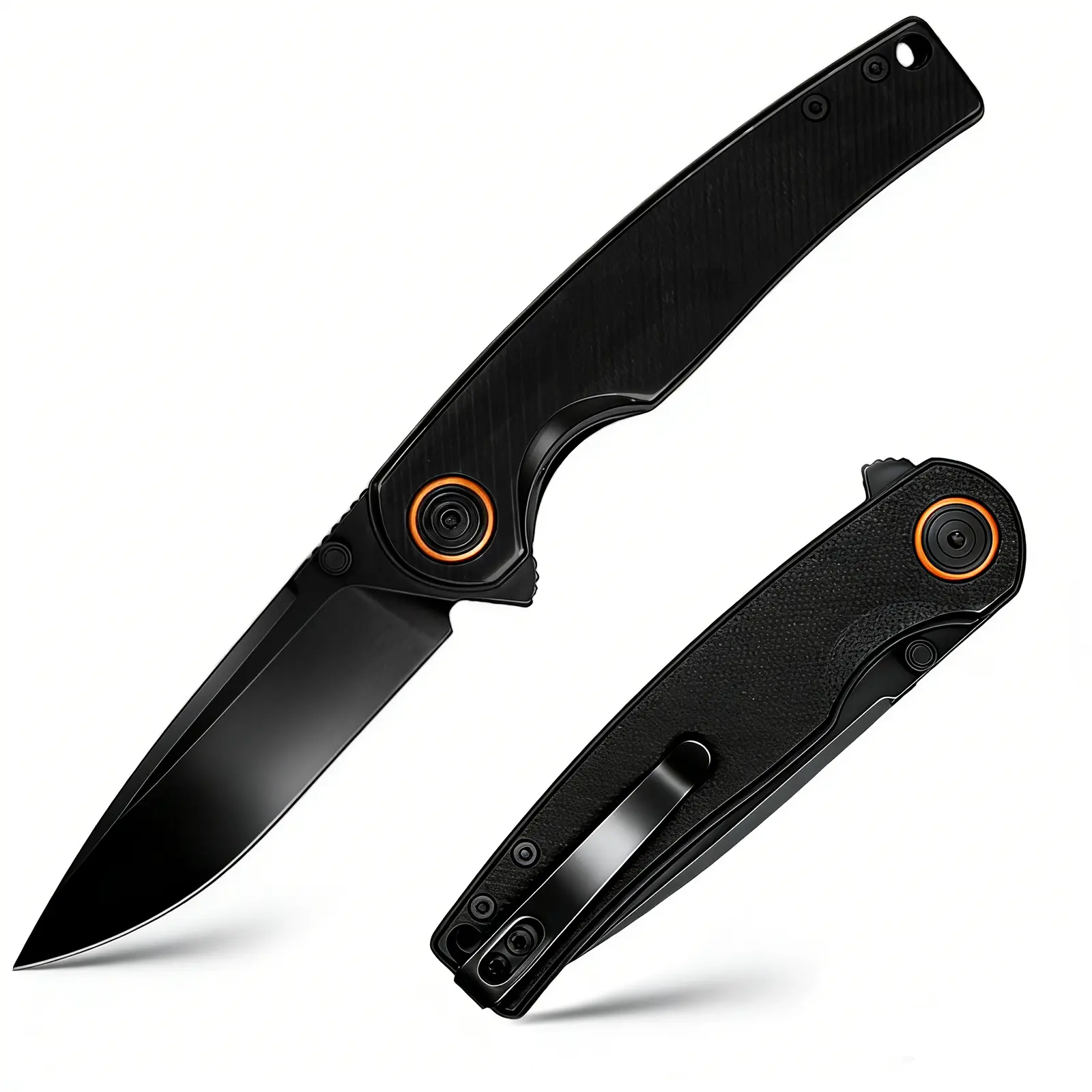 Black Folding Pocket Knife with Liner Lock, 8Cr13MoV Steel Blade, Textured G10 Handle, 1-Hand Open EDC Utility Knife for Camping, Hiking Survival Cutting Tasks