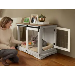FXW Dog Crate Furniture for Small/Medium Dogs, 31.5" L / 37.4" L Dog Crate End Table with Clear Acrylic Barn Doors, 200 lbs Tabletop, White