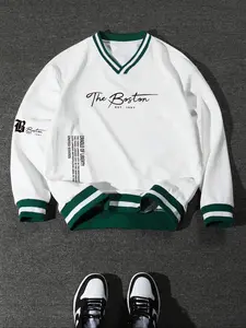 American Campus Style Letter Print Fleece Sweatshirt, Fall & Winter Essential, Colorblock V Neck, Retro Sporty, Aesthetic Pullover Vintage, Must-Have for Trendsetters