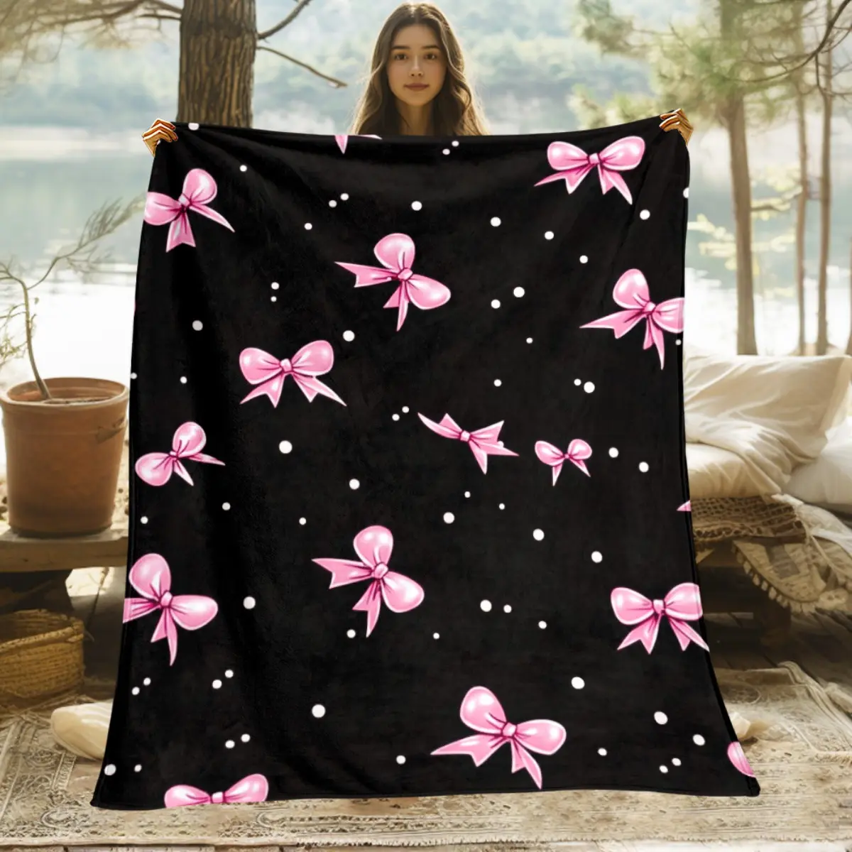 1pc Pink Bows on Black Portable Blanket-Lightweight Home Furnishings Bedding Blanket Suitable for Travel Camping Living Rooms Offices Sofas Chairs and Beds-Soft and Warm Fabric Digital Printed Blanket