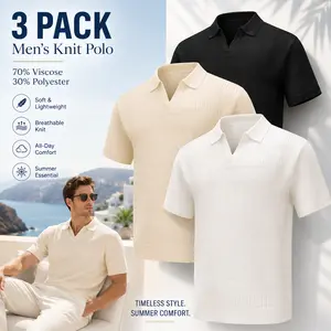 Summer 3-pack solid-color short-sleeve knit Polo shirts for men with a V-neck and 3D cutout design for breathability; comfortable and soft—ideal for work, everyday wear, travel, and casual vacations.