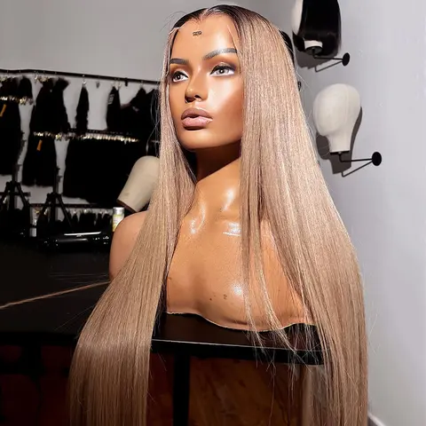 180% Density Straight Ombre Blonde Milk Tea Color Human Hair Lace Front Wig Body Wave 13X6 Hd Transparent Lace Frontal Wig Pre Plucked 13x6 Pre-Cut Lace Drawstring Wig with Natural Hairline Beginer Friendly