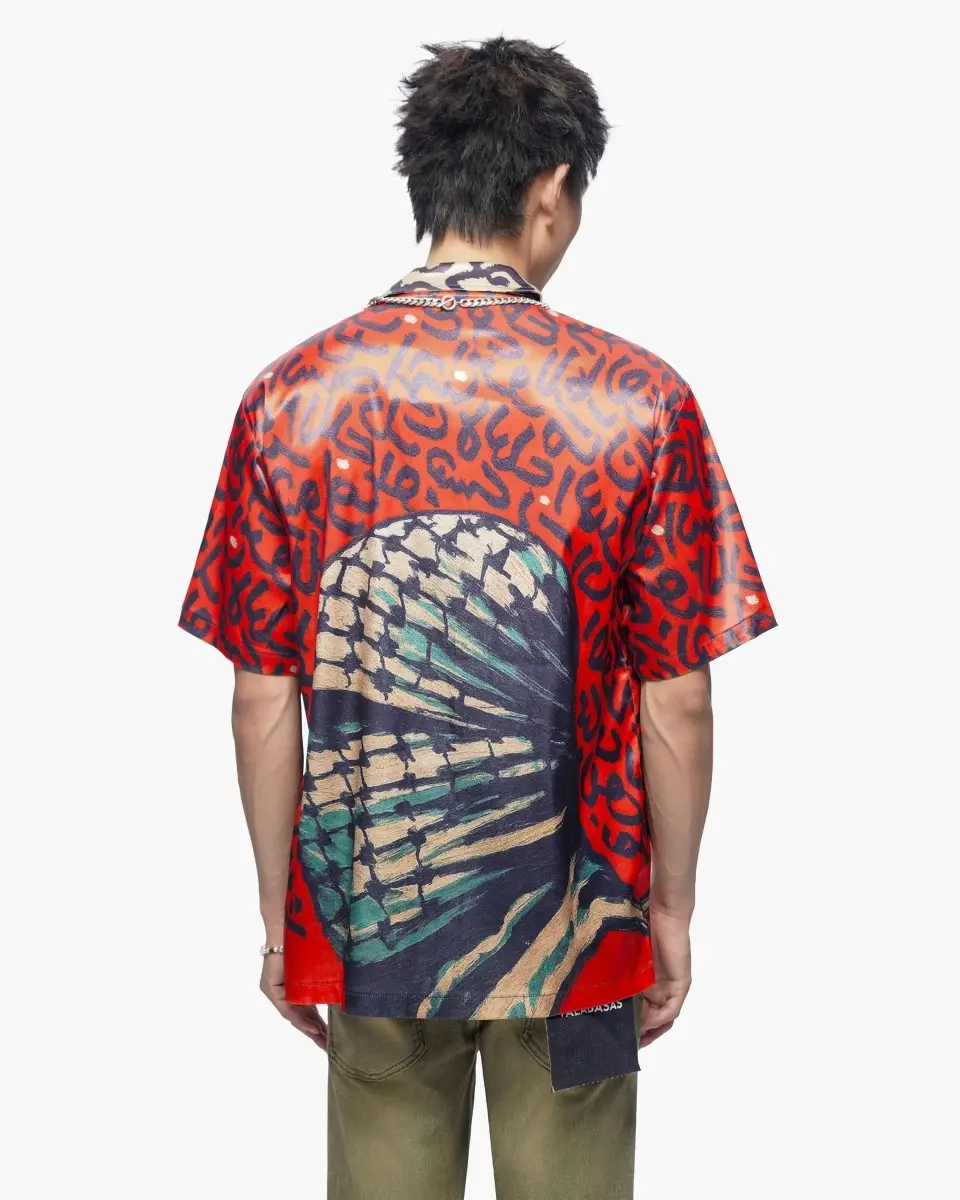 Koufeya Menswear Short-Sleeve Graphic Red Button-Down Polyester Shirt