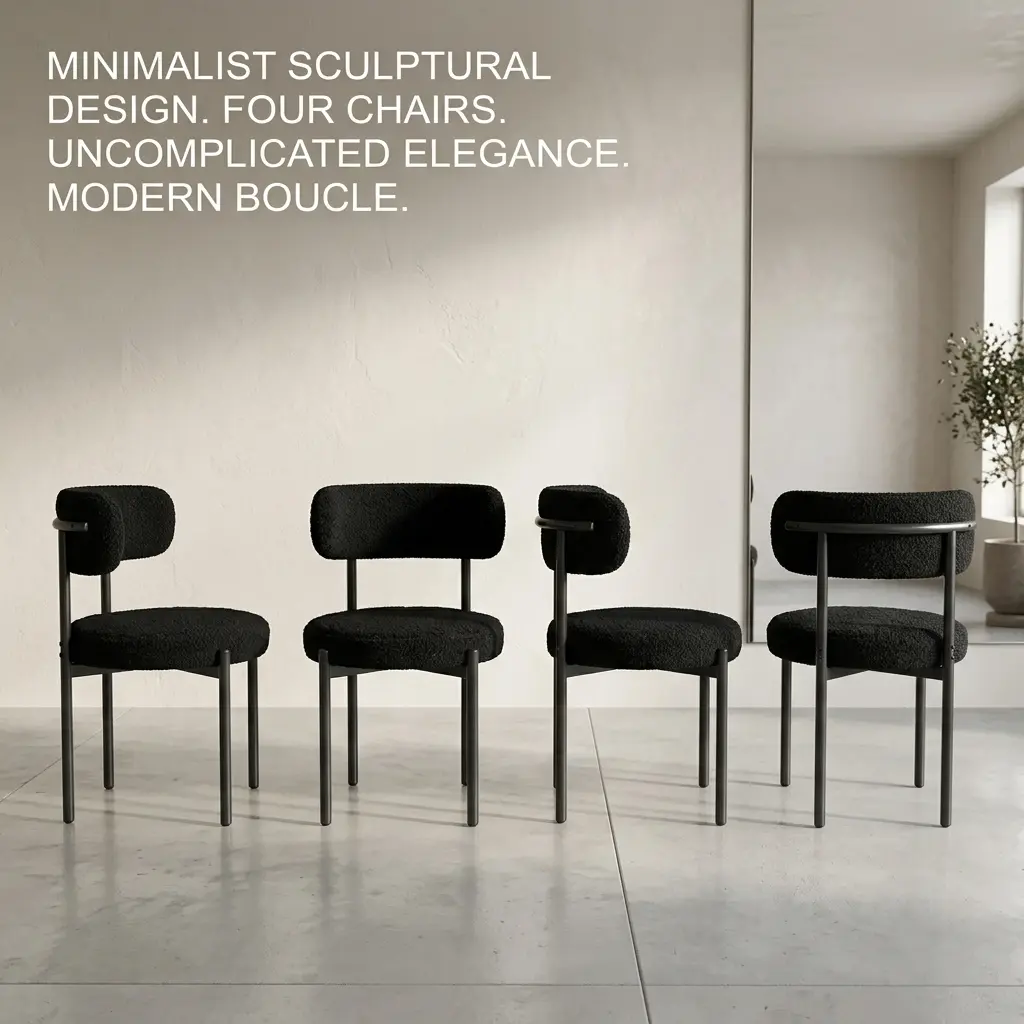 Unisex Modern Medieval Boucle Upholstered Armless Compact Dining Chairs (4-Piece) - Indoor Furniture with Round Cushioned Seat, Curved Ergonomic Backrest, Black Metal Frame, Anti-Slip Leveling Pads, Assembly Required, Fire Safety Label for Kitchens, Cafes