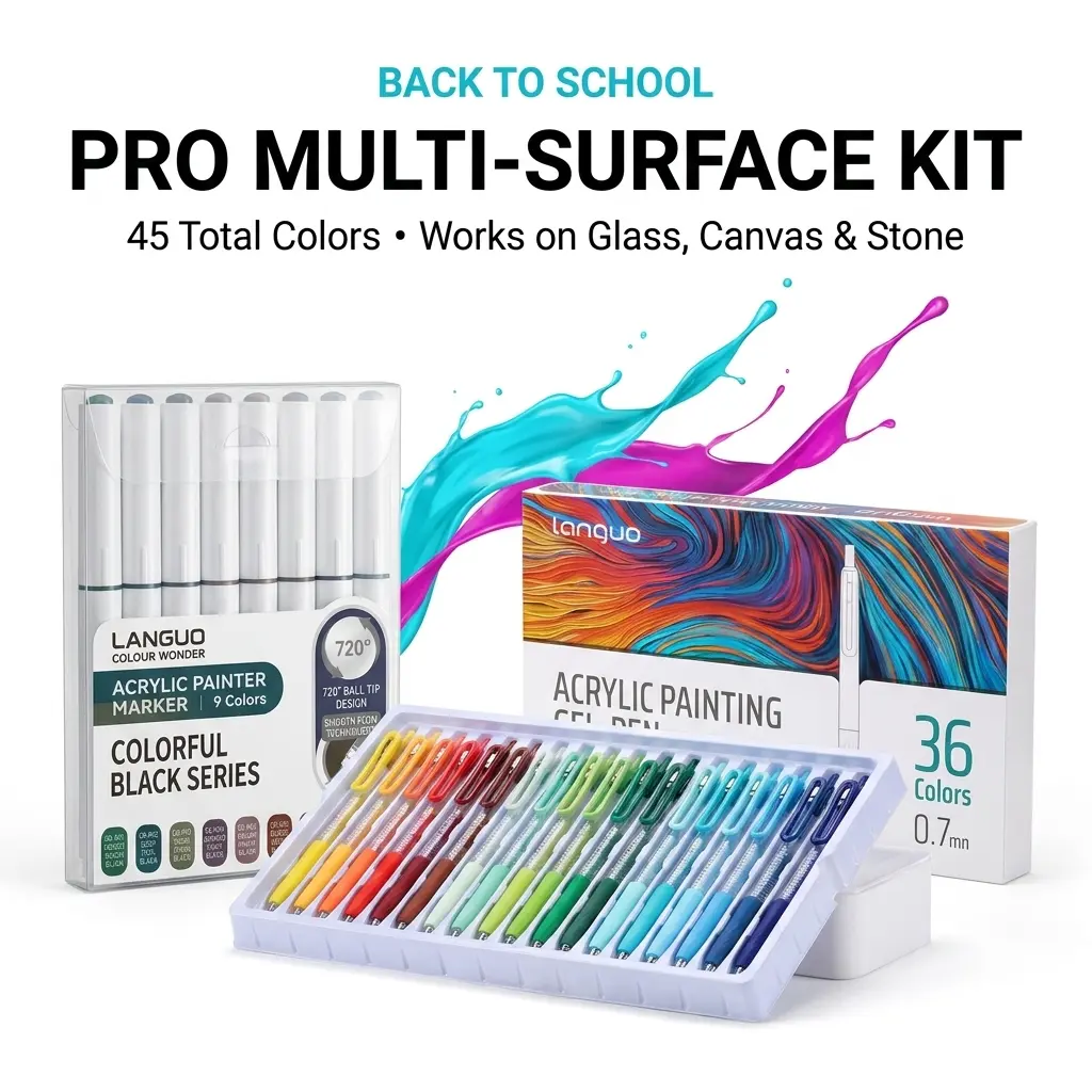 Pro Multi-Surface Acrylic Paint Pen Kit 9 Broad Tip Markers  36 Fine Point Click-Action Gel Pens 45-Color Art Supplies for Canvas office school student gift stylus artist painting colorful precision cute supply gift study diy beadable write stationery