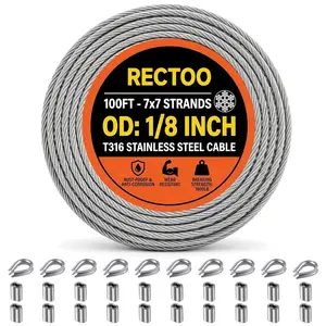 RECTOO 100FT 1/8" T316 Stainless Steel Cable with Cutter, 7x7 Strands Aircraft Wire Rope for Deck Railing, Stair Handrail, Porch Fence, High Strength for Indoor and Outdoor Use