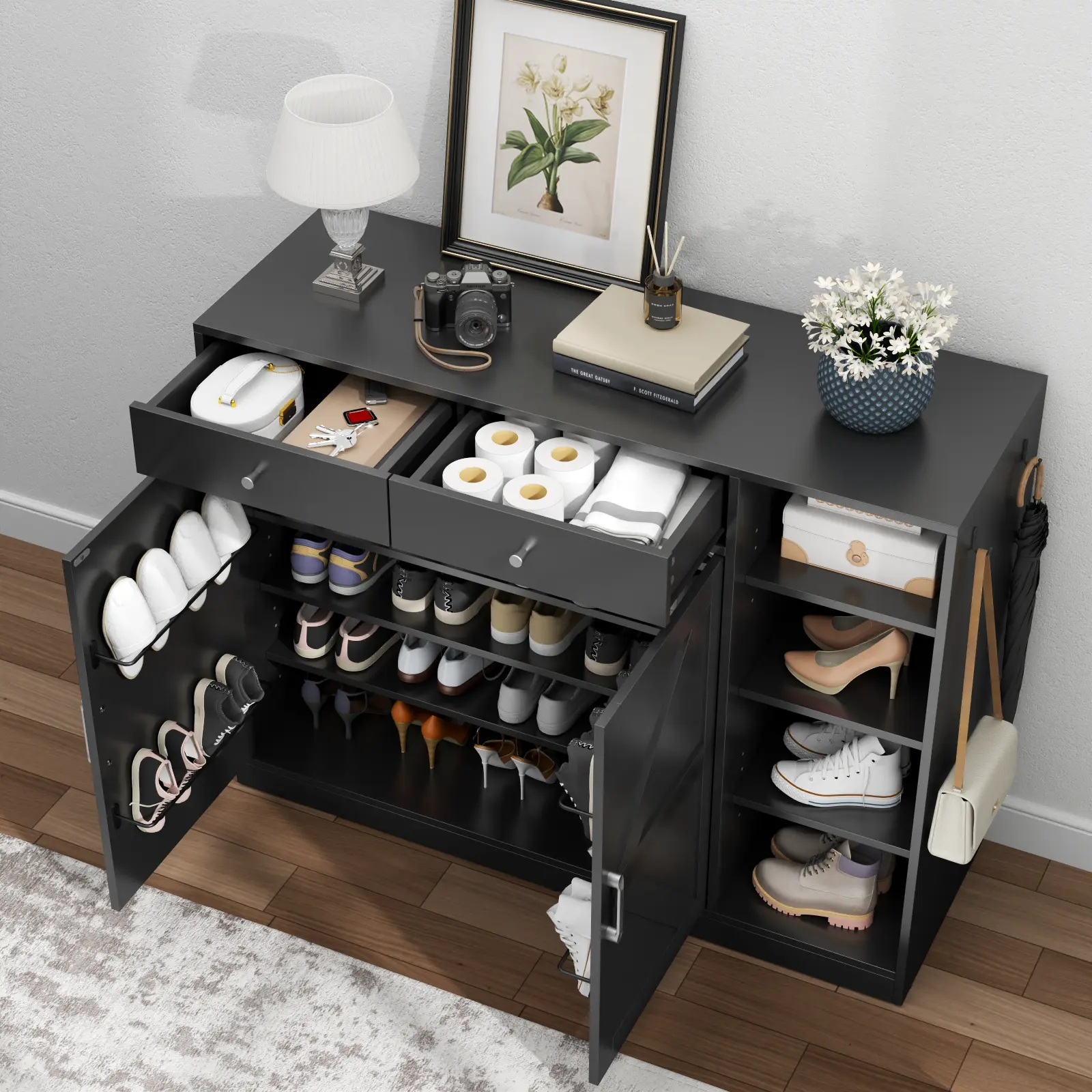 Gyfimoie Farmhouse Shoe Rack Cabinet - 5-Tier Shoe Cabinet with 4 Side Cubbies, 6 Adjustable Shelves, 2 Drawers & 2 Hooks for Freestanding Use White shoe rack organizer