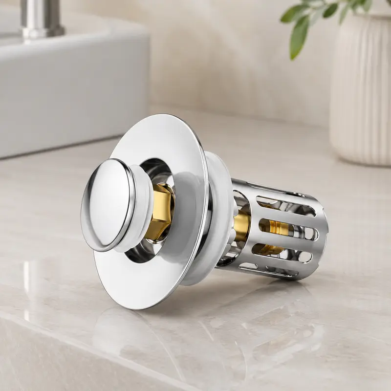 2-in-1 Design Durable Stainless Steel Pop-Up Sink Stopper - Bathroom Fixture Accessory with Removable Scrap Control Filter, Deodorizing, Anti-Clog Flow, Less Waits, Hassle-Free Cleaning, Recyclable, Water Management, Rustic Look, Fits Most Daily Use Sinks