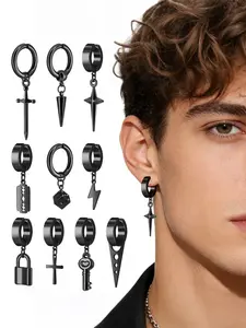 10 piece punk hip-hop style 316L stainless steel ear clip set, Punk Style Earrings, can be worn without ear holes, silvery/black, perfect for gifting, suitable for men and women, daily or party use, Earring Stack