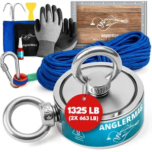 AnglerMag  Fishing Kit - 1325 lbs Double Sided Neodymium  Fishing Stuff with Rope - 10 count Extra  Complete  Set with eBook, Carabiner, Gloves, Grappling Hook & Carrying Bag
