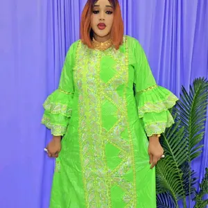 Bazin dress Elegant African style for women 3pcs sets size L and xl color Lime green
