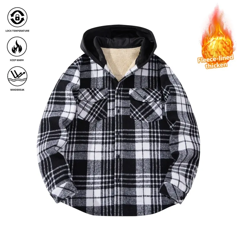 Men’s 1 pc holiday plaid hooded pocket long-sleeve autumn overshirt jacket