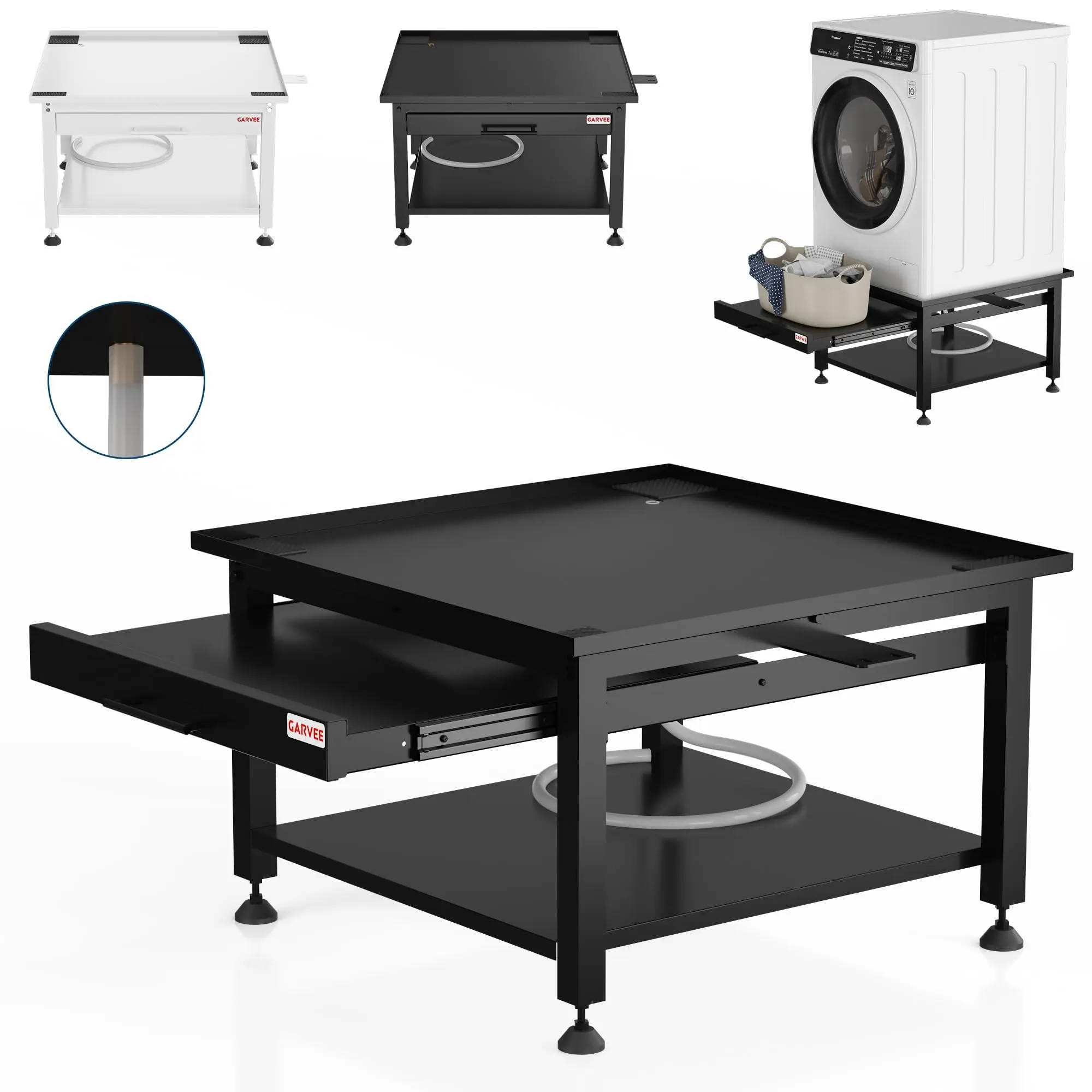 Garvee Heavy Duty 27" Wide Laundry Pedestal Stand – Metal Construction, Pull-Out Shelf, Adjustable Anti-Vibration Pads, Drain Pan & Hose, 1000 lbs Capacity, Black, 27x27x16 Inch