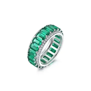 Emerald Ring, S925 Sterling Silver Eternity Emerald and Round Brilliant Micro Pave Anniversary Ring, Emerald Wedding Band, Birthday Gift