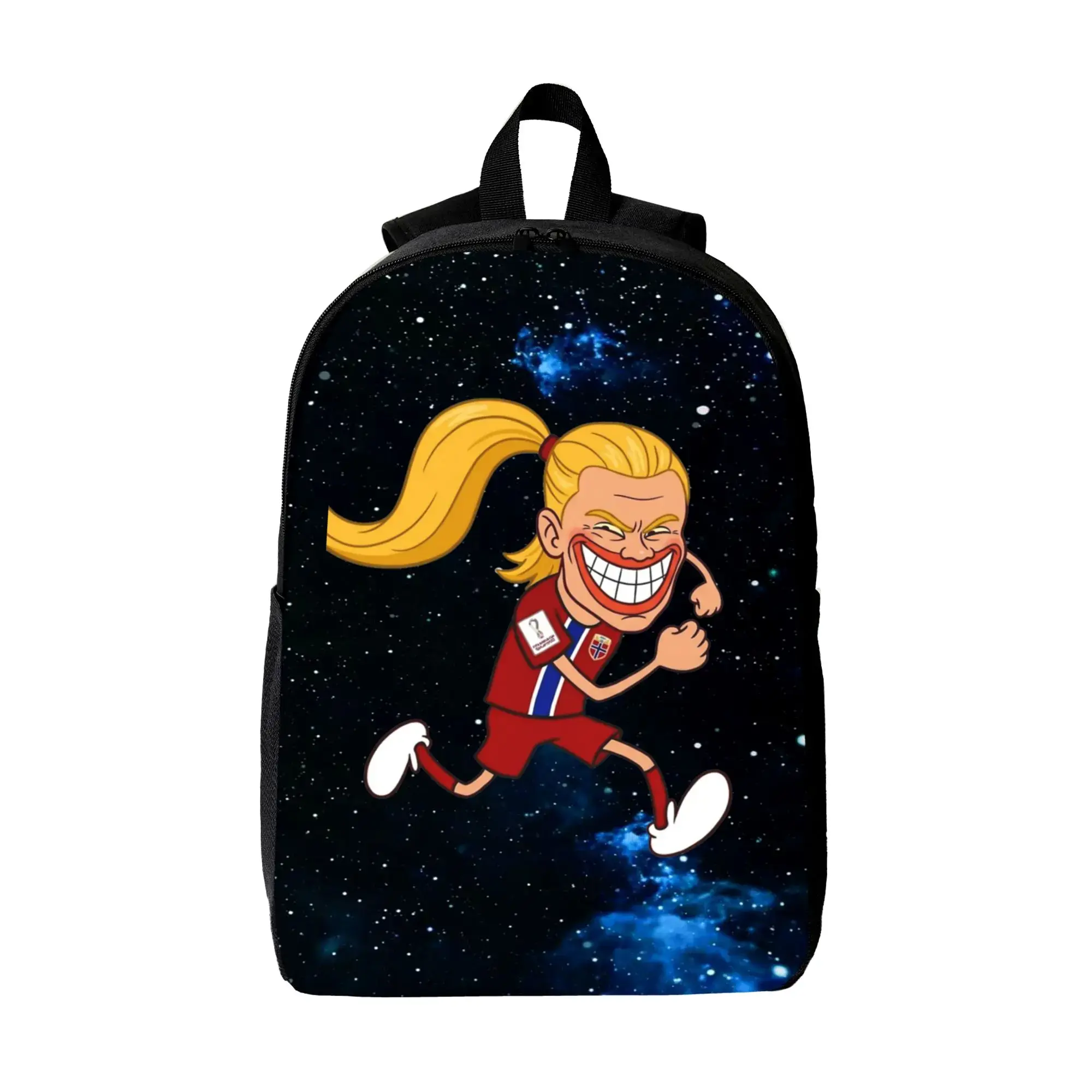 Haaland Cartoon Backpack 17 Inch Funny Laptop Bag Adjustable Shoulder Straps Zipper Closure Casual for Office Travel Camping Weekend