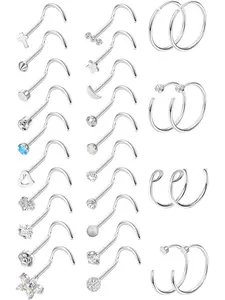 28 Pcs Silvery Unisex Multi-Form Piercing Jewelry Kit for Women Men Premium Stainless Steel Bone-style Studs L-shaped Screw-back Flat-back Labrets Mini Hoops for Versatile Nose Lip Cartilage Placements Hypoallergenic for Mixing Matching Daily Body Styling