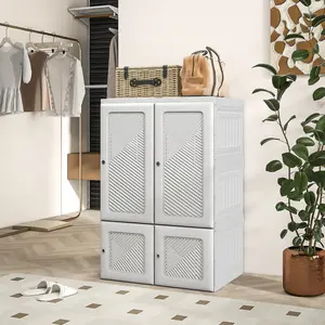 White Portable Wardrobe - Foldable Indoor Furniture Clothes Storage Organizer with 3 Compartments, Hanging Rod, Magnetic Doors