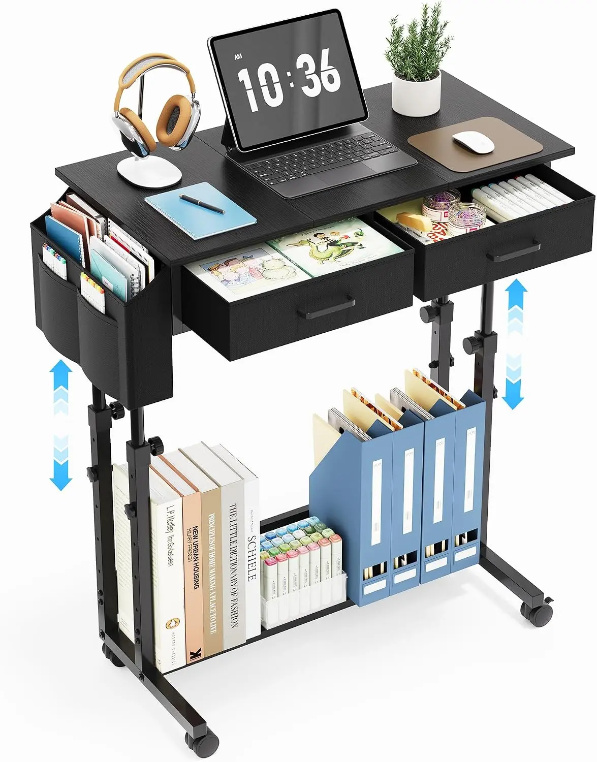  Portable Rolling Standing Desk - 32 Inch Adjustable Mobile Stand Up Gaming Desks with 2 Fabric Drawers with Wheels,  Sofa Side Laptop Table with Storage for Home Office as Thanksgiving gift