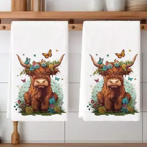 2pcs Cute Highland Cow Design Kitchen Towel Set, Soft Absorbent Dish Cloth, Tea Towel, 100% Microfiber, Durable, Home Decor, Gift Idea
