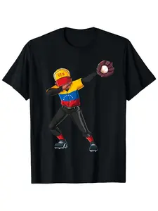 Men'S T-Shirt Featuring a Vintage Baseball Design with a Dabbing Venezuelan Player, Suitable for All Seasons.This Retro-Style, Short-Sleeve, Round-Neck Tee Is Perfect for Casual Outings, Beach Days