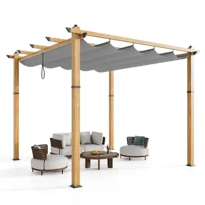 GARVEE 10x10 Ft Retractable Canopy Pergola,Aluminum Faux Wood Grain Outdoor Structure for Patio, Deck, Backyard, Sun Shade Cover(Grey)