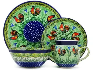 Polish Pottery 4-Piece Place Setting Rooster Parade