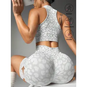 Sport Studio Women's Leopard Print Gray & White Seamless Sport Tank Top And Shorts Set Workout Women Sets