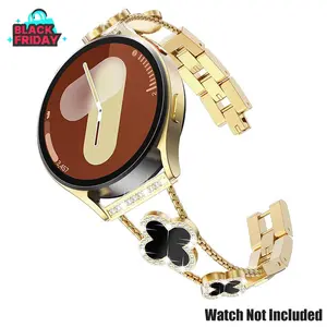 BUREI Black Shell Clover Diamond Metal Band for Samsung Galaxy Watch 7/6/5/4 20mm Sparkle Wristband Women's Elegant Rhinestone Accents Tool-Free Size Adjustable Premium Brass Alloy Fashion Accessory#TikTokShopHolidayHaul