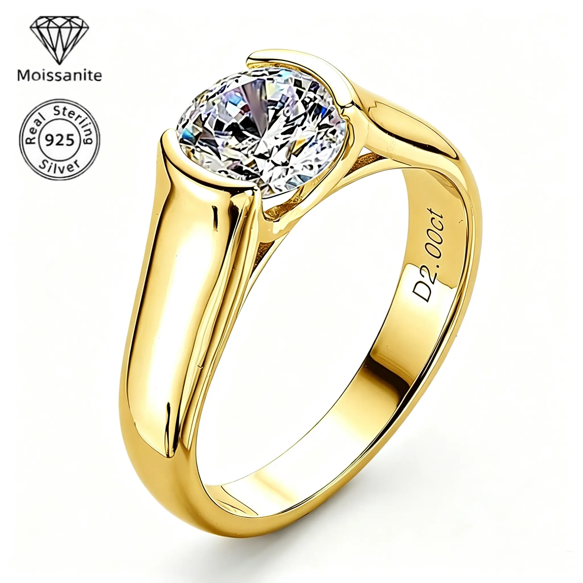 2.0 Carat Round Moissanite Engagement Ring for Women, 925 Sterling Silver Solitaire Ring, Classic Wedding & Anniversary Fine Jewelry