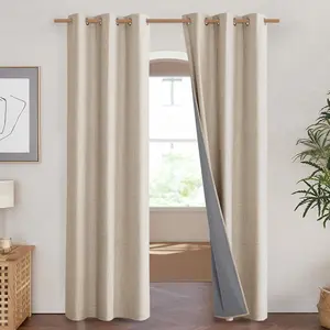 NICETOWN Full Blackout Boho-Chic Linen Curtains 2 Panels Set for Cafe Window, Thick Linen Blend Drapes, Insulated Window Covers Draperies