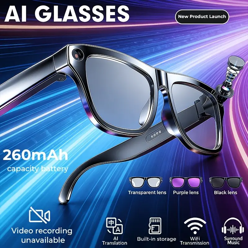 These AI Smart Glasses Feature an HD Camera, AI Translation, Photo And Audio Recording Capabilities, Intelligent Recognition, And an AI Voice Assistant. They Support Offline Voice Commands, Utilize Wireless 5.4 Dual-Mode Wireless Technology