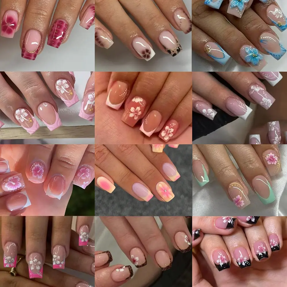 288pcs Short Square 3D Gel Nail Set, Gel Nail Tips, Mixed Colors, Flower Nails, Easy Wear, Perfect for Summer, French Acrylic Pressed On Nails, Women & Girls