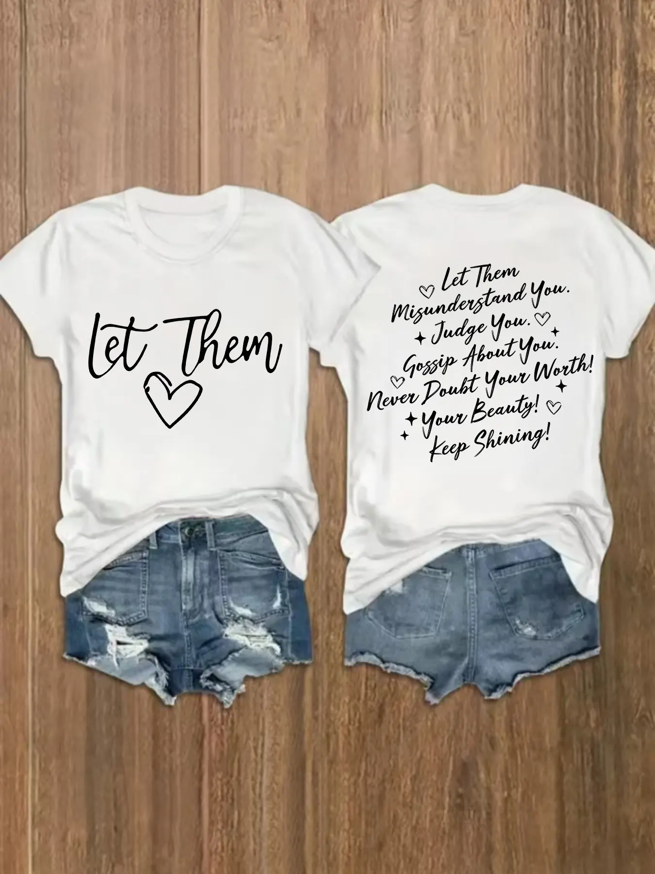 🔥Women’s Short-Sleeve Crew Neck Fitted T-Shirt - White + Double-Sided "Let Them" Inspirational Quote Graphic Print, Positive Casual Daily Wear. Soft Fabric—For Female Enthusiasts! #WomenInspirationalTee #CasualWear #PositiveVibeStyle