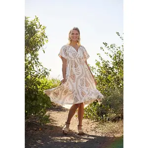 Gigio Short Sleeve Boho Leaf Print Midi Dress - Beige
