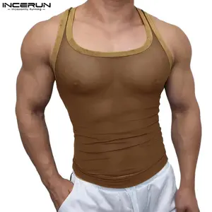INCERUN Men's U-Neck Color Block Sheer Mesh Spandex Sleeveless Vest - Mesh Knit, U-Neck Menswear Top Made with Basic Sheer Fabric, Mesh Knit Vests, U-Neck Vests